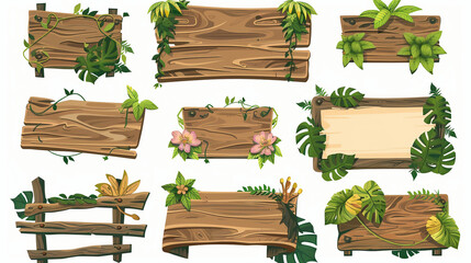 Jungle wooden sign board with plants and flowers. Cartoon  illustration of signpost or text banner made of wood and surrounded by green grass. Tropical frames and panels