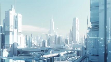 Futuristic AI Cityscape - A sprawling futuristic city powered by AI technology, under a clear sky, styled as geometric minimalism, reflecting order and innovation.