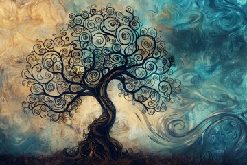 Mystical tree of life with intricate branches and swirling roots, perfect for spiritual-themed designs