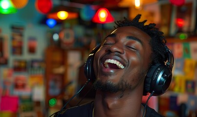 Young African American man host in headphones enjoying podcasting in his home studio. 