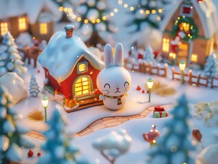 Obraz premium A whimsical scene of a bunny celebrating the holiday season in a charming snowy village lit by warm lights.