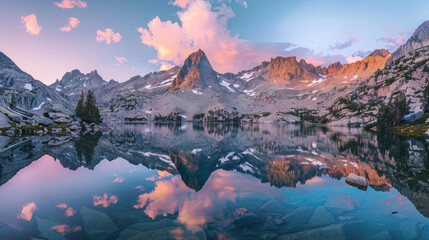 View of a serene mountain lake surrounded by craggy peaks reflected perfectly in the crystal clear waters under a soft pastel sunset