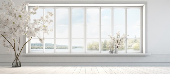 An empty room with a vase of flowers on the window sill