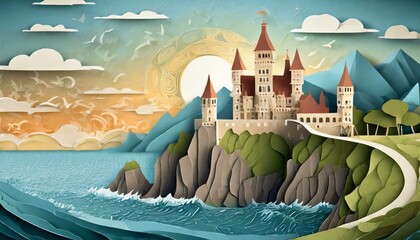 A paper-cut landscape with a castle on an island in the ocean in front of a sunset
