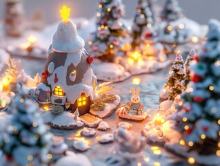 Obraz premium A magical winter village scene with a lighted gingerbread house and a cute bunny figure surrounded by snowy Christmas trees and warm lights.
