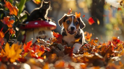 Autumn leaves explode in a cascade of colors as a playful Beagle puppy dives headfirst into the pile A sleek black cat, perched on a nearby garden gnome, watches with amusement as the puppy emerges, c