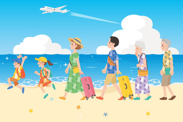 旅行に行く3世代家族　海