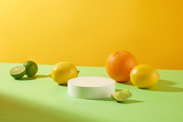 Citrus fruit template with empty podium in center for display product on green table, orange...