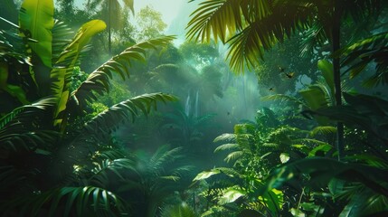 A dense and diverse tropical jungle canopy, alive with the sounds of birds and insects, highlighting the richness of biodiversity in a rainforest ecosystem.
