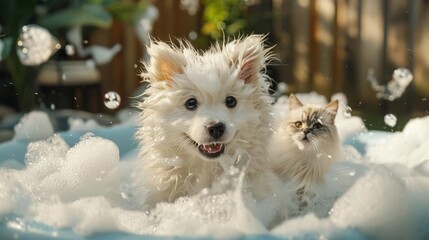 A fluffy Samoyed puppy excitedly splashes in a kiddie pool filled with bubble bath A grumpy Persian cat, caught in the crossfire, emerges from the suds with a soggy fur coat and a look of disdain, cre