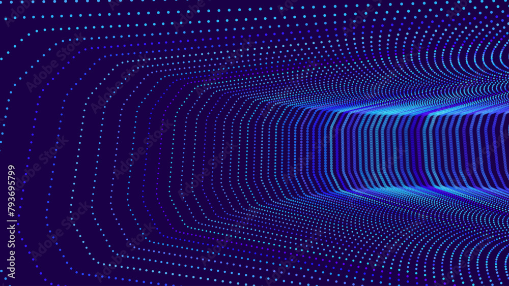 Poster Data Flow Particles Blue 3D Grid Tunnel. Grid Frame Retrowave Background. Tunnel Mesh Backdrop. Abstract Digital Background. Vintage Computer Virtual Reality VR Tunnel Technology Vector Illustration.