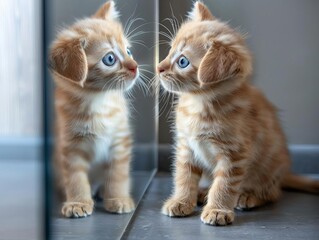 A curious kitten with wide blue eyes stares intently at its reflection in a fulllength mirror A playful Golden Retriever puppy, tail wagging furiously, approaches the mirror, barking at the unfamiliar - obrazy, fototapety, plakaty