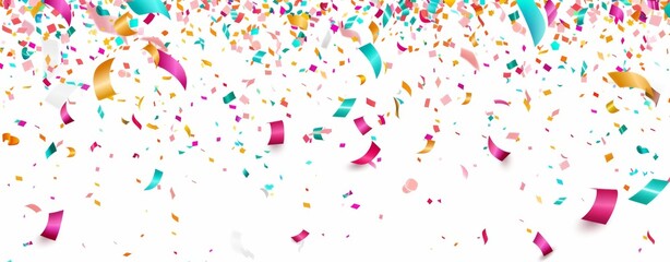 Colorful confetti falling on white background, flat lay