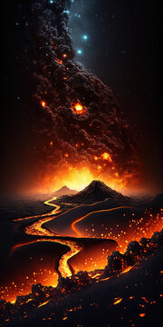 Volcanic eruption in the night