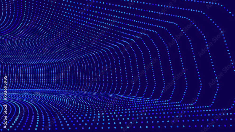 Aufkleber Data Flow Particles Blue 3D Grid Tunnel. Grid Frame Retrowave Background. Tunnel Mesh Backdrop. Abstract Digital Background. Vintage Computer Virtual Reality VR Tunnel Technology Vector Illustration.