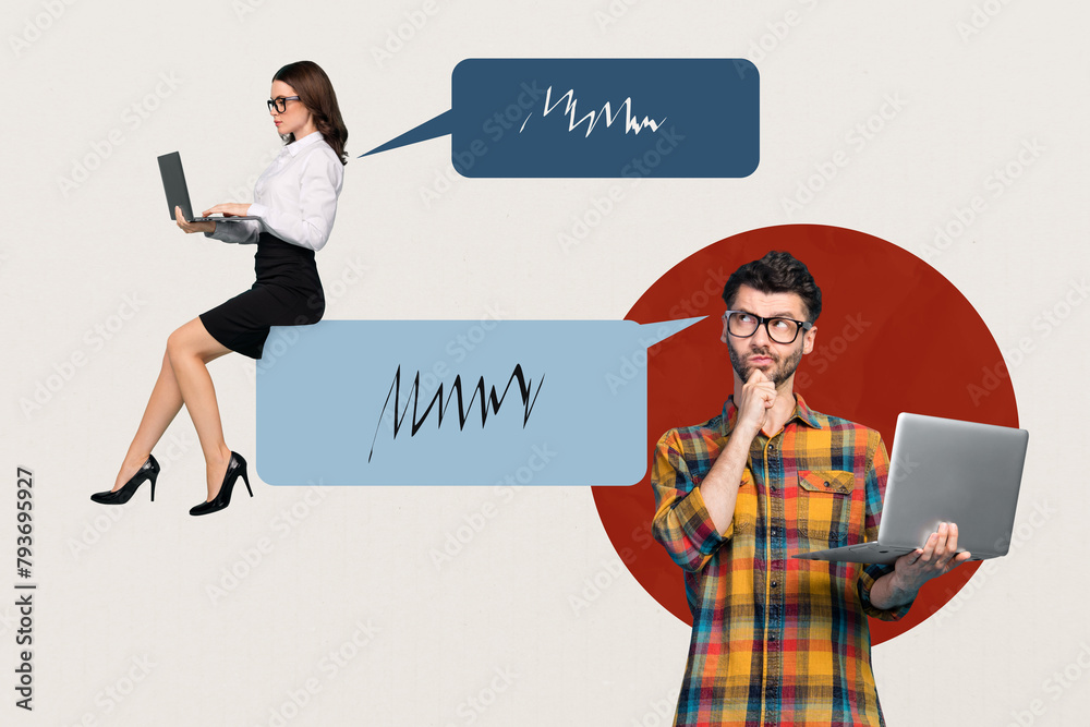 Poster Creative abstract template graphics collage image of thoughtful workers chatting modern devices isolated white color background