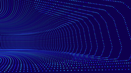 Data Flow Particles Blue 3D Grid Tunnel. Grid Frame Retrowave Background. Tunnel Mesh Backdrop. Abstract Digital Background. Vintage Computer Virtual Reality VR Tunnel Technology Vector Illustration.