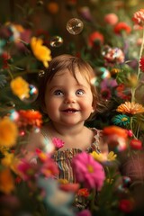 Captivating image of a delighted toddler amidst a sea of vivid flowers and floating bubbles