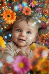 A cheerful baby lies amongst colorful flowers and bubbles, with a focus on its bright eyes and smile