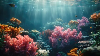 A diverse array of colorful corals and marine life in a pristine underwater reef, highlighting the delicate balance and beauty of marine biodiversity.