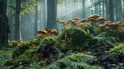 A diverse array of fungi and mushrooms growing in a forest setting, demonstrating the often overlooked but essential role of fungi in biodiversity.