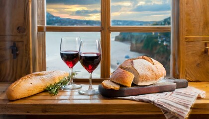 Lord's Supper: Bread, Fish and Wine on the Table. 