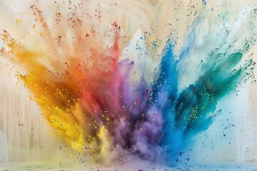 Fototapeta premium Rainbow-colored powder burst on a transparent white canvas, adding excitement