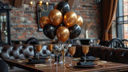 Fototapeta na wymiar Elegant Dining Setup for Birthday Celebration with Balloons