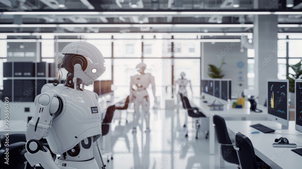 Poster innovative tech workshop - a clean, white workspace with human and ai engineers creating advanced ro