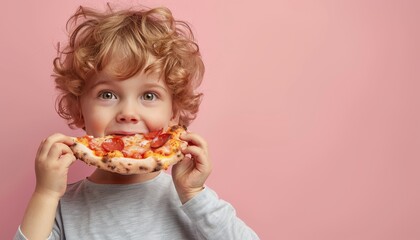 Charming child savoring pizza on gentle backdrop with ample space for text integration