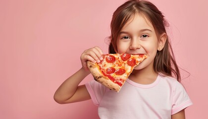 Charming girl savoring pizza on soft hued backdrop with ample room for text insertion