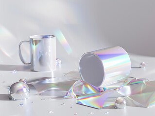 This image captures a beautiful scene of shiny holographic materials and a metallic cup with a soft...