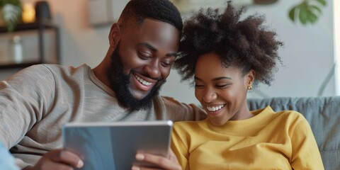Fototapeta premium Couple on sofa with phone, tablet, and social media, internet scrolling, and humorous memes. Man or woman on couch with smartphone and tablet for electronics and streaming