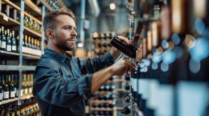A man is standing in a wine store, reaching for a bottle of wine - Powered by Adobe