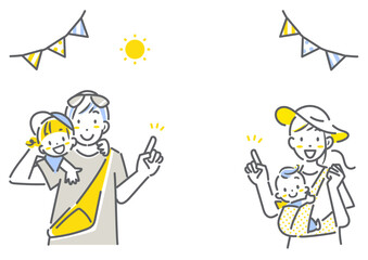 夏の旅行を楽しむ4人家族　シンプルでお洒落な線画イラスト