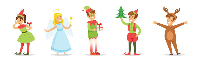 Happy Children Character Wearing Christmas Costumes Vector Set