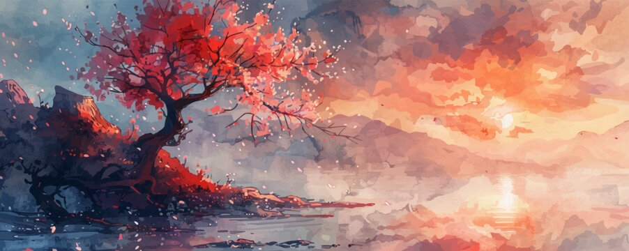 An artistic landscape with a cherry tree, cherry blossoms and sunset painted with watercolor