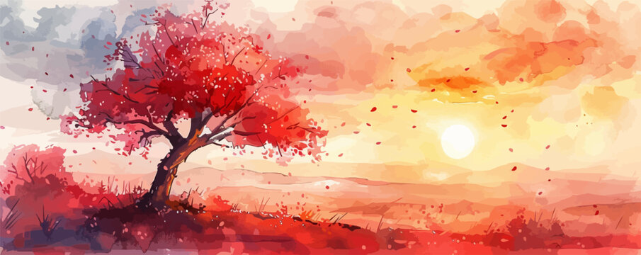 An artistic landscape with a cherry tree, cherry blossoms and sunset painted with watercolor. vector simple illustration