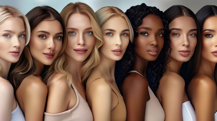 A group of women with different skin tones showcasing of beauty products. Concept of diversity, inclusivity in the beauty industry. a group picture of a group of different women all different ages