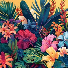 Vibrant Tropical Garden Florals and Foliage in Lush Natural Setting