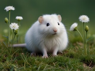 White vole and white flower in grass