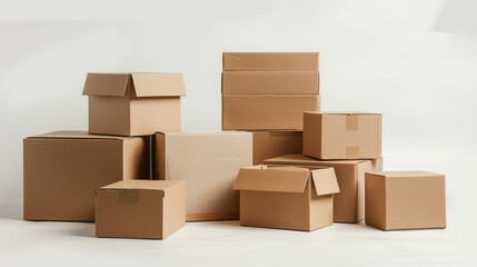 Assorted Stacked Shipping Boxes on White Background