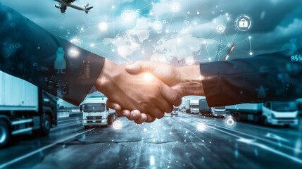Handshake of two businesses man in a background in digitally connected networks and trucks representing the global  cargo transportation