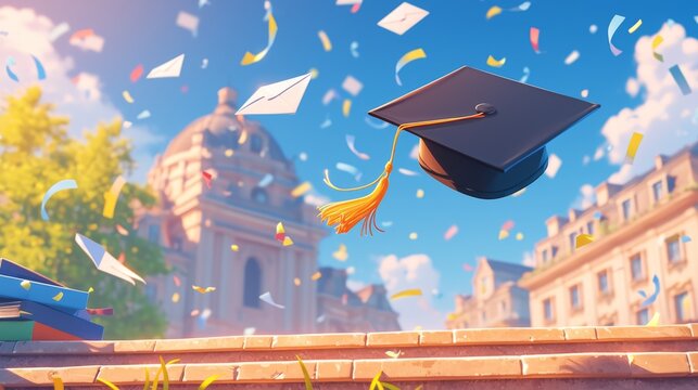Graduation Journey: A Path to Knowledge and Success，Campus operation as blurred background, stairs leading to a door, some books on the stairs, a black graduation cap with yellow tassels floating towa