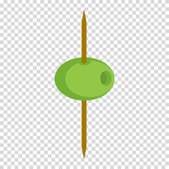 Green olive on a skewer, toothpick, food, drinks, vegetarianism, diet, flat design, simple image, cartoon style. Restaurant snack concept. Vector line icon for business and advertising