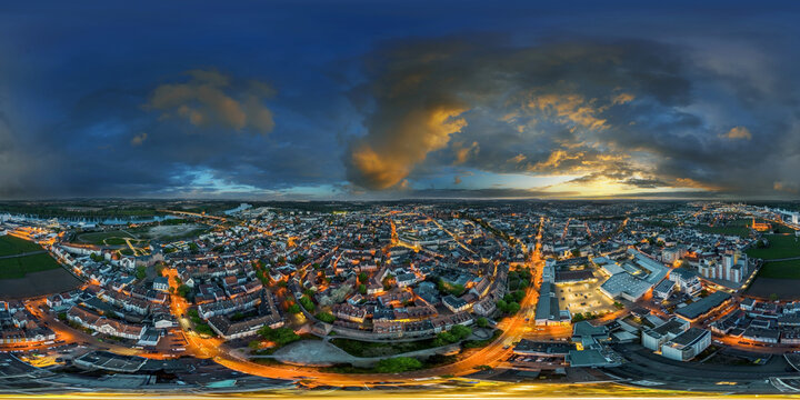 360° aerial worms city downtown germany equirectangular vr environment