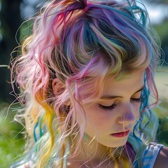 Naklejka premium Vibrant and Expressive Curly Hair Framing a Young Woman s Face in Natural Light