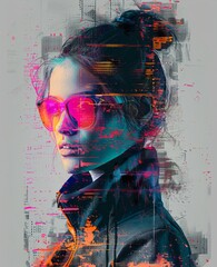 A young woman in sunglasses depicted with colorful glitch art effects creating a modern urban style