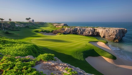Breathtaking ocean view golf course on cliffs with iconic tall rock arches for a scenic panorama