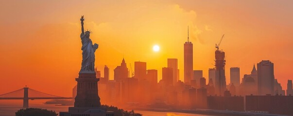 With tall buildings behind it, the statue is holding up her torch against an orange sky.